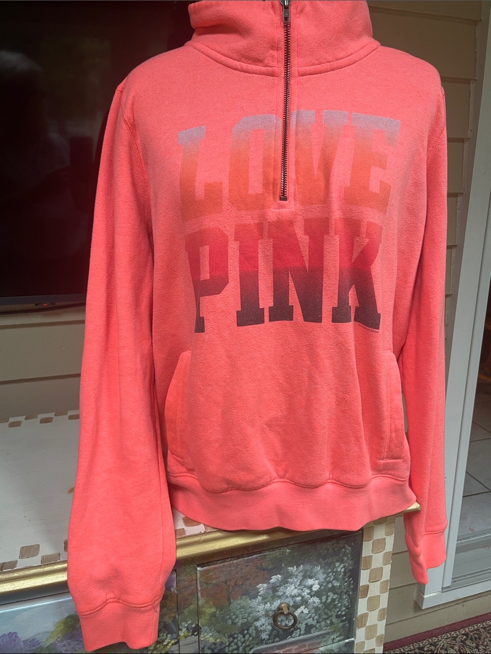 PINK Victoria's Secret Coral Half-Zip Pullover with LOVE PINK Graphic